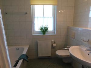 a bathroom with a sink and a toilet and a window at Unterm Reetdach in Born