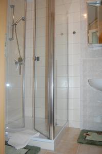 a shower with a glass door in a bathroom at Boddenhus in Born +1 photo