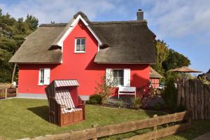 a red house with a thatched roof and a chair at Boddenkieker in Born
