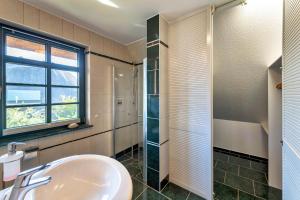 a bathroom with a sink and a shower at Strandhaus Ahrensh 2 in Ahrenshoop +5 photos