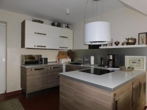 a kitchen with a white counter top and wooden cabinets at Boje Haus Sanddorn in Althagen