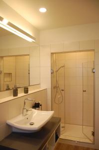 a bathroom with a sink and a shower at Sanddornhus in Ahrenshoop +3 photos