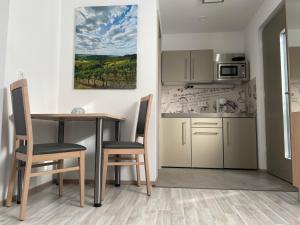 a kitchen with a table and two chairs and a table and a kitchen at Schäfer Apartments in Oberderdingen