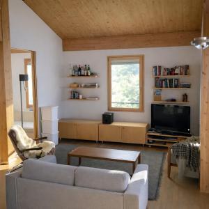 a living room with a couch and a tv at Penthouse duplex with sauna & mountain views in Pontresina