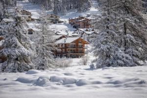 a toy bear in the snow in front of a lodge at Penthouse duplex with sauna & mountain views in Pontresina
