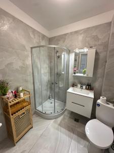 a bathroom with a shower and a toilet and a sink at Noblesse residence - parking Militari residence Chiajna Dudu in Chiajna +11 photos