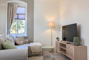 a living room with a couch and a tv at Oberlausitz Glück - gemütliche Ferienwohnung in ruhiger Lage mit Garten und Kamin in Sohland +16 photos