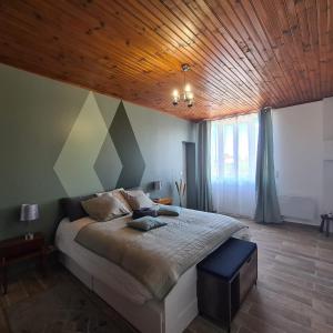 a bedroom with a large bed with a wooden ceiling at Joli Eden in Saint-Sulpice-de-Faleyrens