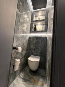 a bathroom with a toilet in a stone wall at Onyx Suite Jacuzzi Privatif in Villejust