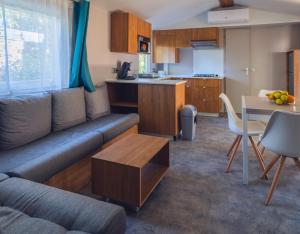 a living room with a couch and a table and a kitchen at L'Oasis des Dombes in Ambérieux-en-Dombes