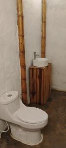 a bathroom with a toilet and a sink at Finca Hostal Eva Maria in Santa Marta