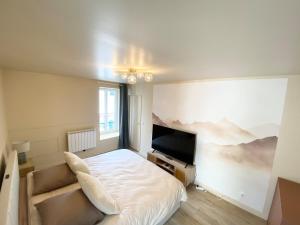 a bedroom with a bed and a flat screen tv at Le Cocon du Büech in Veynes