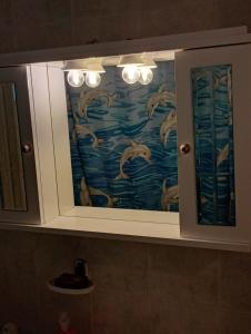 a bathroom cabinet with a painting of dolphins in the water at Katerina Apartments in Flogita +56 photos
