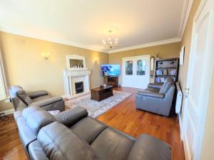 a living room with a couch and a fireplace at Cloonacauneen House in Balnacart