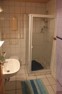 a bathroom with a shower and a sink at Ferienhaus Boddensicht in Breege +27 photos