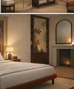 a bedroom with a bed and a fireplace at The Scarlet Bath in Bath