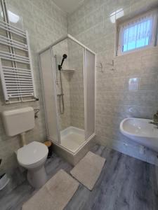 a bathroom with a shower and a toilet and a sink at Harmony Vendégház Egerszalók in Egerszalók +43 photos