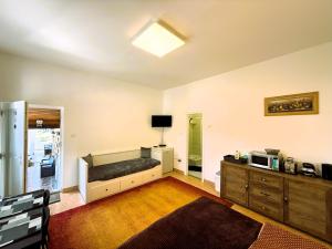 a living room with a bed and a tv at Harmony Vendégház Egerszalók in Egerszalók