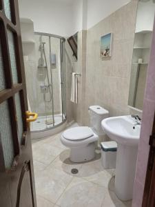 a bathroom with a toilet and a shower and a sink at Aparthotel Santa Maria Beach in Santa Maria +68 photos