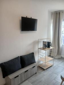 a living room with a couch and a tv on a wall at Gite de la forêt in Les Hogues