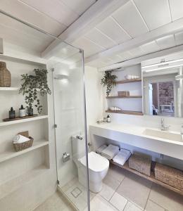 a bathroom with a shower and a toilet and a sink at TOP SUITES in Ermoupoli