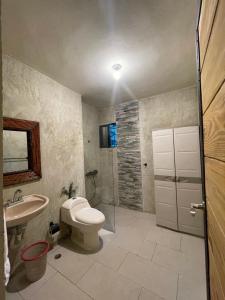 a bathroom with a toilet and a sink and a shower at Arroyo Frío River Lodge in Arroyo Frío