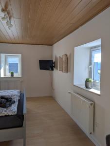 a room with a bed and a tv and two windows at Drive & Dream Nürburgring in Drees