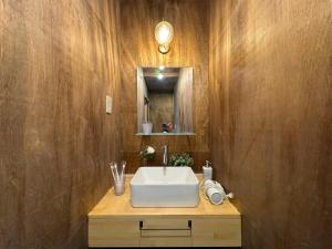 a bathroom with a white sink and a mirror at SAUNA HOUSE Yutagawa in Tsuruoka +27 photos
