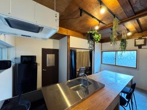 a kitchen with a stainless steel sink and a counter at SAUNA HOUSE Yutagawa in Tsuruoka