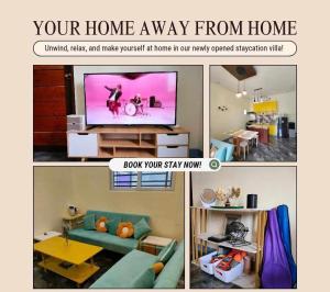 a collage of pictures of a living room with a tv at Kia Ora Villa Staycation in Los Baños