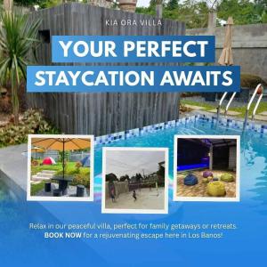a collage of photos of a swimming pool with the words your perfect vacation awaits at Kia Ora Villa Staycation in Los Baños +3 photos
