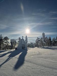 ein langer Schatten einer Person im Schnee in der Unterkunft Suomunkutsu 2 in Suomutunturi