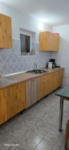 a kitchen with wooden cabinets and a sink at Vila Two in Cârțișoara