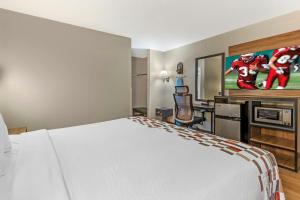 a hotel room with a bed and a desk and a television at Red Roof Inn Lumberton in Lumberton