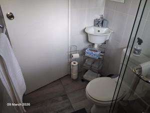 a small bathroom with a toilet and a sink at Aroha Guest Apartment in Roodepoort