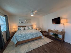 ein Schlafzimmer mit Bett und Flachbildfernseher in der Unterkunft Relaxing 1bd 1ba Condo - Ocean Front Complex in New Smyrna Beach in New Smyrna Beach