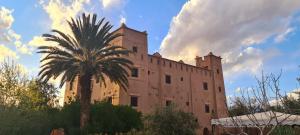 a building with a palm tree in front of it at Kasbah Ait ben Damiette in Skoura