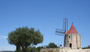 a windmill with a red roof on top of a hill at Chez Fabienne Maison Fontvieille in Fontvieille