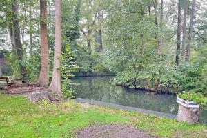 a park with a bench next to a river at Spreeblick Baum 5 in Burg
