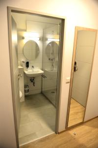 a bathroom with a shower and a sink and a mirror at Hotel zur Flüh in Bad Säckingen +26 photos