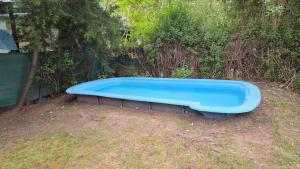 a blue tub sitting in the grass in a yard at Cabaña la Relajación in San Miguel del Monte +3 photos