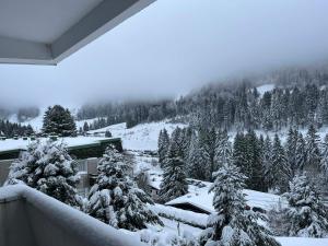 a balcony with snow covered trees and a mountain at L'ourson B2 in La Bresse