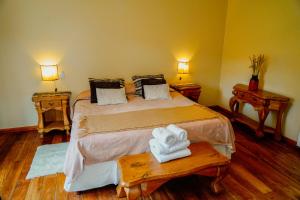 a bedroom with a bed with towels on a table at Nuevo Puerto Malen in Villa Pehuenia