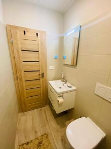 a bathroom with a toilet and a sink and a mirror at Apartman Alex in Liptovský Mikuláš +4 photos