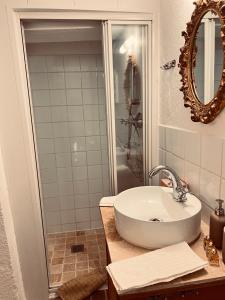a bathroom with a sink and a shower with a mirror at La Clé de la Porte Rentals in Antibes +45 photos