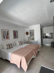 a bedroom with a large bed and a kitchen at Fiosal Apartments 2 in Skiathos