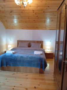 a bedroom with a large bed with a blue blanket at Shahdag Beloved Home in Qusar