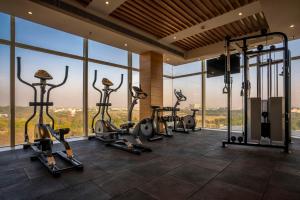 a gym with cardio equipment in a room with windows at Best Western Plus Chandigarh Mohali in Mohali +197 photos