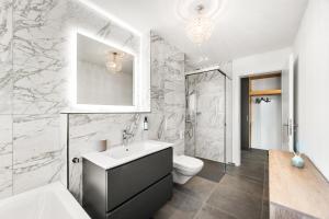 a bathroom with a white sink and a toilet at Penthouse Exclusif - Grande Terrasse - Avenches - Self Check-in in Avenches