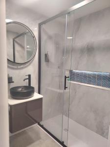 a bathroom with a glass shower with a sink at Tramway Apartment in Blessington